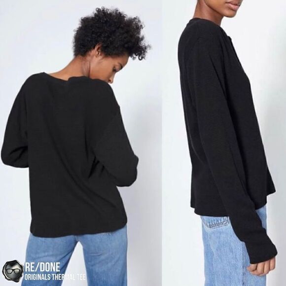 RE/DONE ORIGINALS WOMEN’S THERMAL KNIT LONG SLEEVE TEE SHIRT IN BLACK SIZE SMALL - Picture 5 of 13